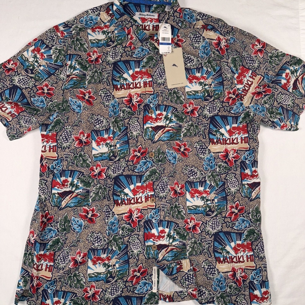 NWT Tommy‎ Bahama XL Waikiki Waves DTG Silk Shirt Sangria Red  Hawaii Postcard